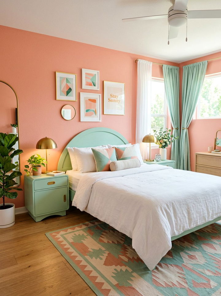 Salmon and mint bedroom - 30 sunset inspired bedroom color ideas