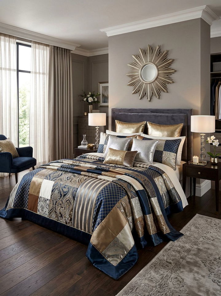 Satin patchwork accents - 30 patchwork bedroom ideas