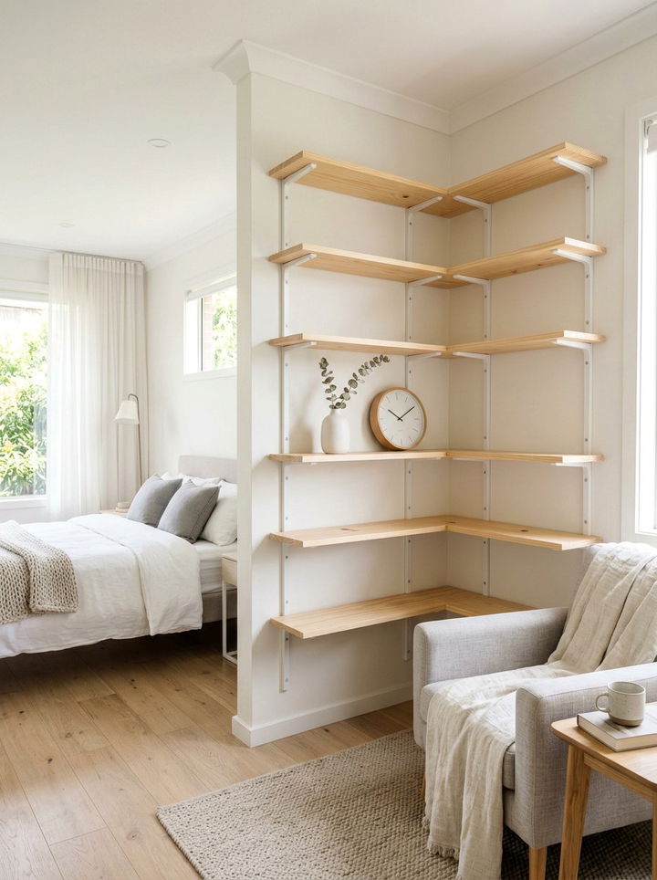 Scandi Corner Shelf - 30 bedroom corner shelving ideas