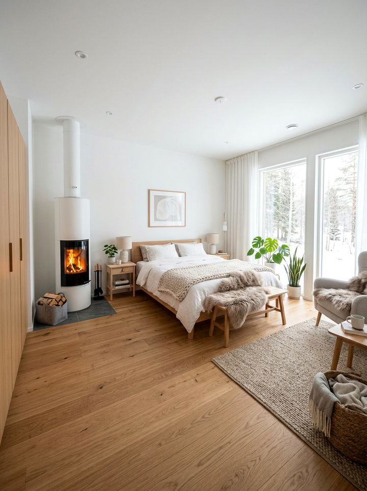 Scandi Style Bedroom With Round Fireplace - 30 bedroom with fireplace ideas