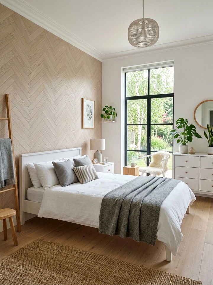 Scandi Style Herringbone Wall - 30 bedroom herringbone wall ideas