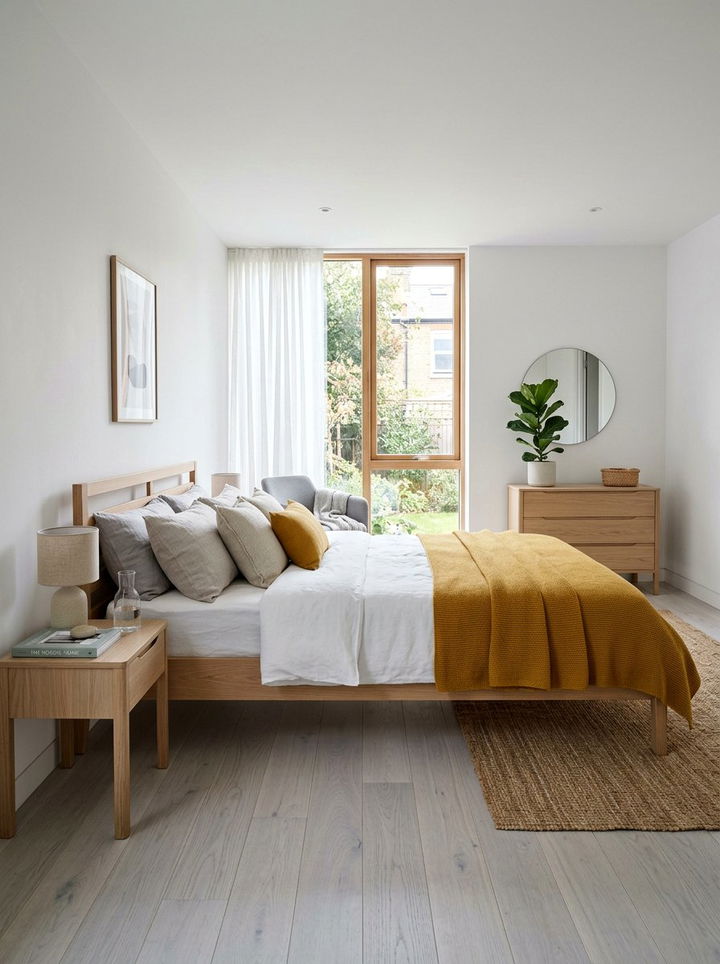 Scandinavian Gray Bedroom Mustard Textiles - 30 mustard and gray bedroom ideas