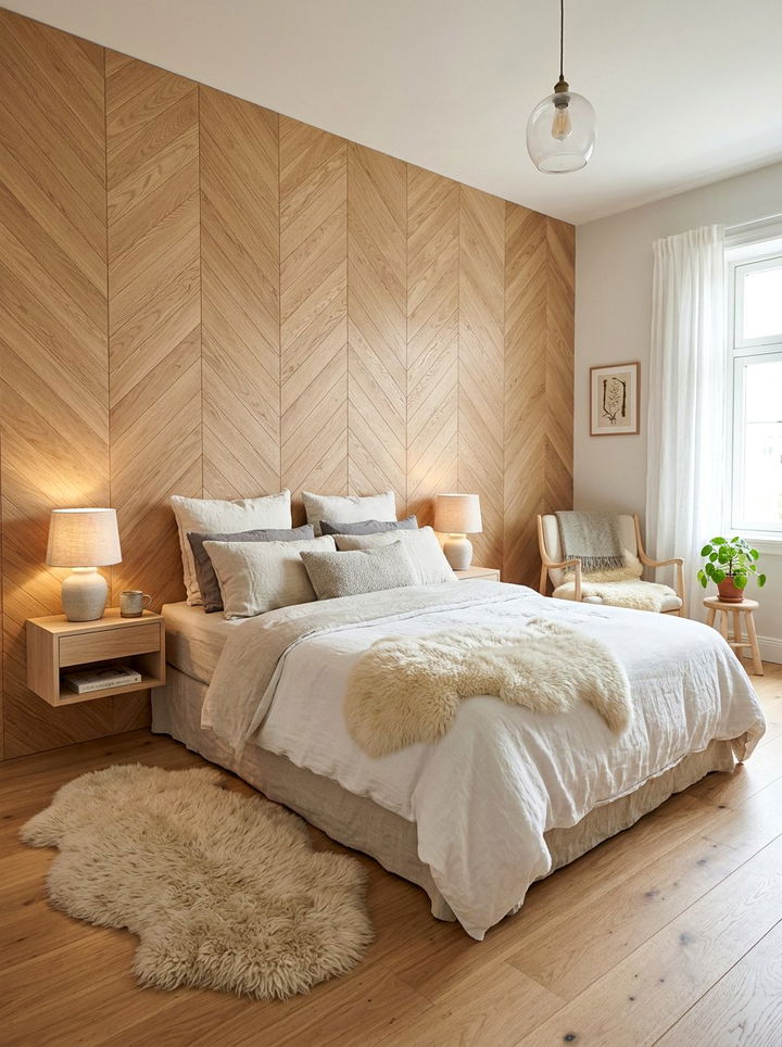 Scandinavian Light Oak Chevron Wall - 30 bedroom chevron wall ideas