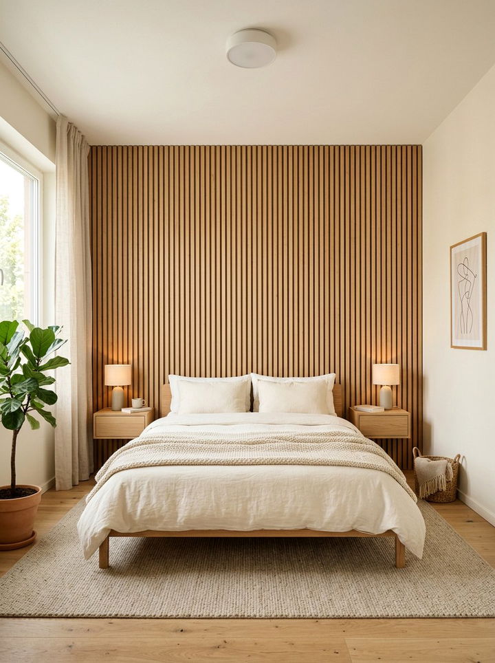 Scandinavian Slatted Wood Wall - 30 scandinavian cream bedroom ideas