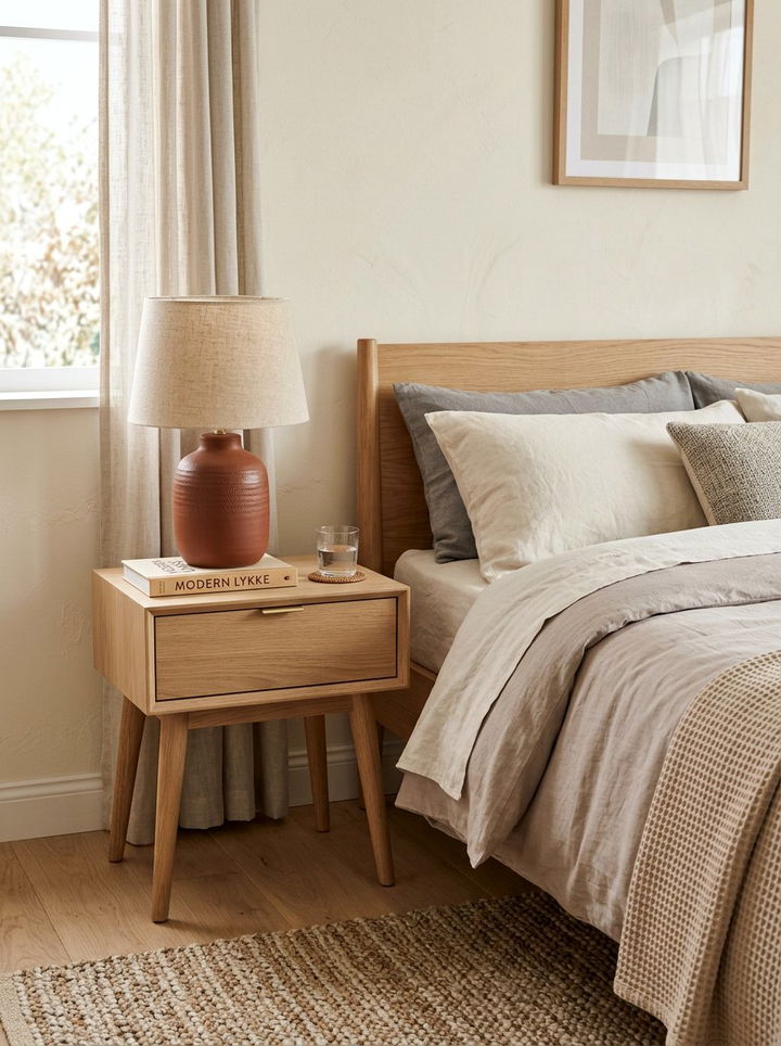 Scandinavian beige wood nightstand - 30 rust and beige bedroom ideas