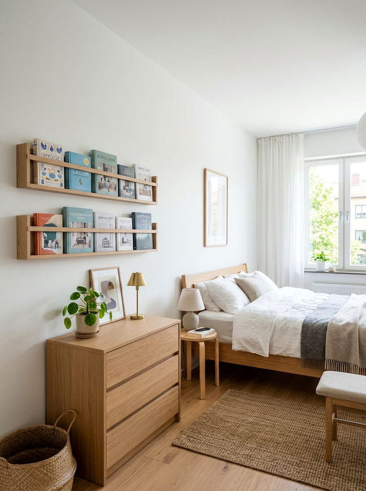Scandinavian book rail - 30 bedroom book displays