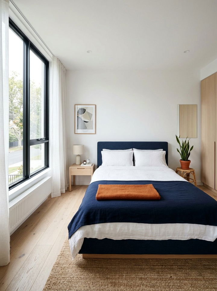 Scandinavian navy and orange bedroom - 30 burnt orange and navy bedroom ideas