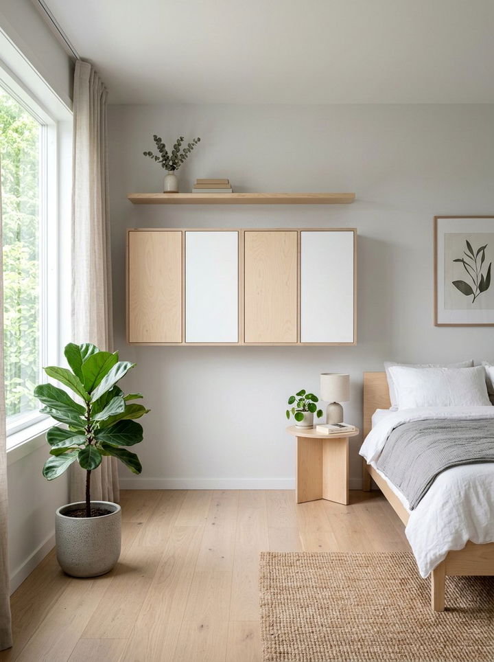 Scandinavian style floating cupboards - 30 bedroom overhead storage ideas