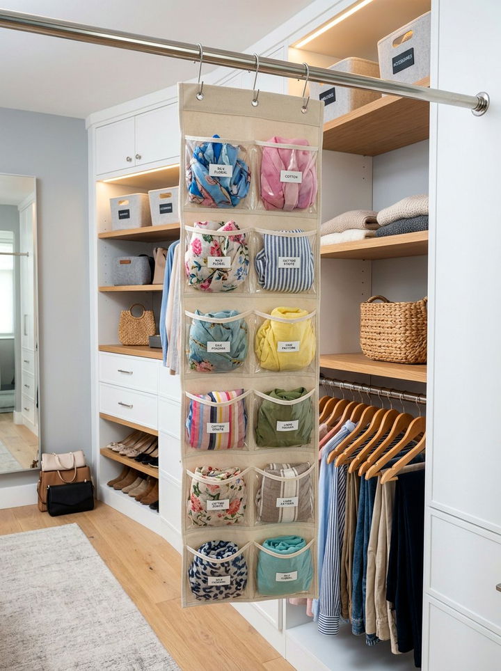 Scarf Hanging Pocket - 30 bedroom scarf storage ideas