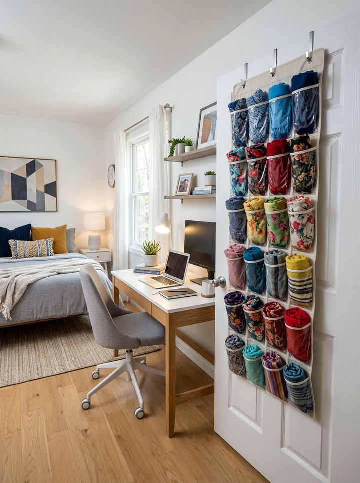 Scarf Over Door Organizer - 30 bedroom scarf storage ideas