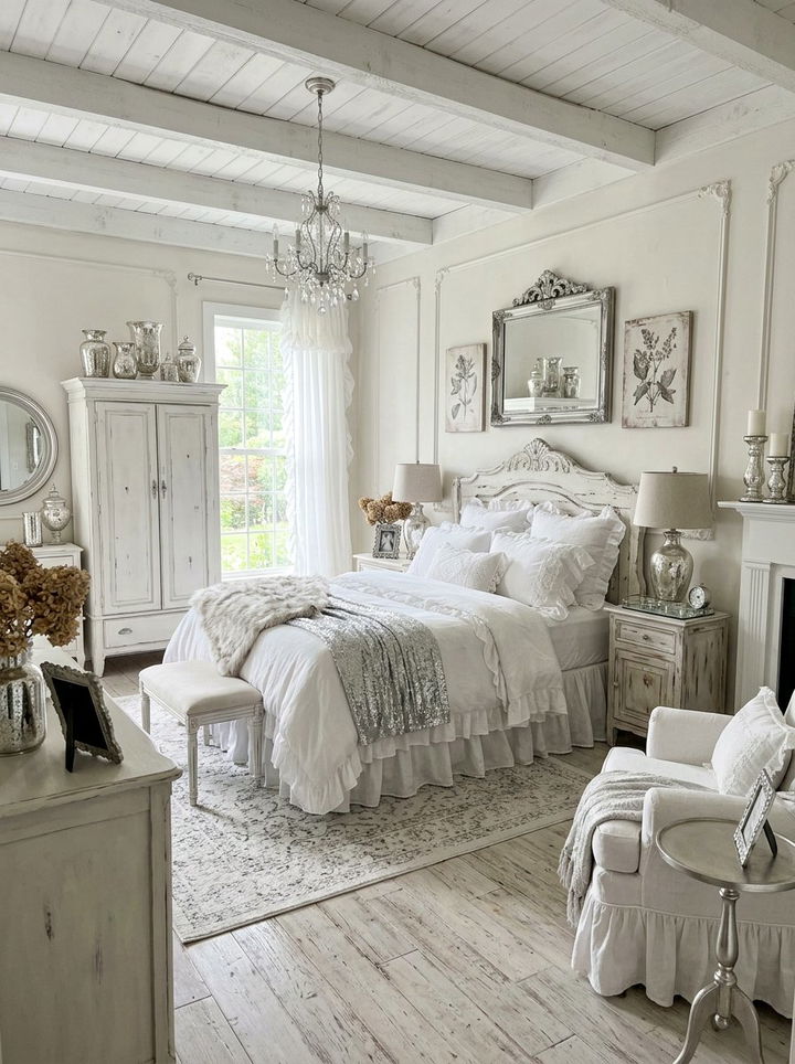 Shabby Chic White Silver Bedroom - 30 silver and white bedroom ideas