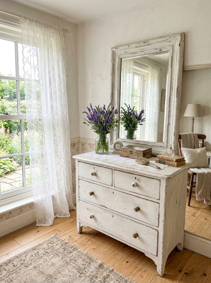 Shabby chic dresser with distressed mirror - 30 bedroom dresser with mirror ideas