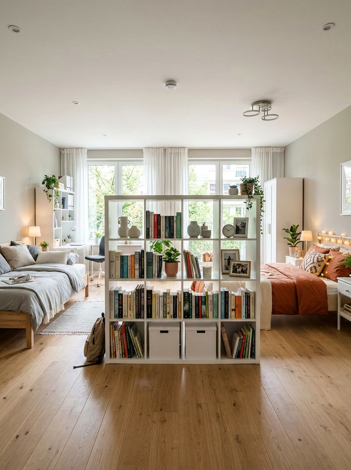 Shared Room With Bookshelf Divider - 30 boy and girl shared bedroom ideas