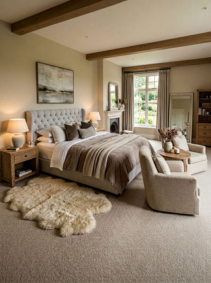 Sheepskin Layered Over Carpet - 30 sheepskin bedroom ideas