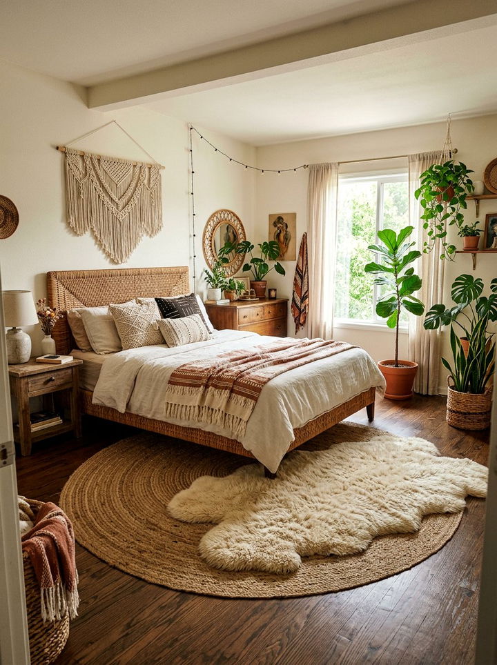 Sheepskin Layered Over Jute Rug - 30 sheepskin bedroom ideas