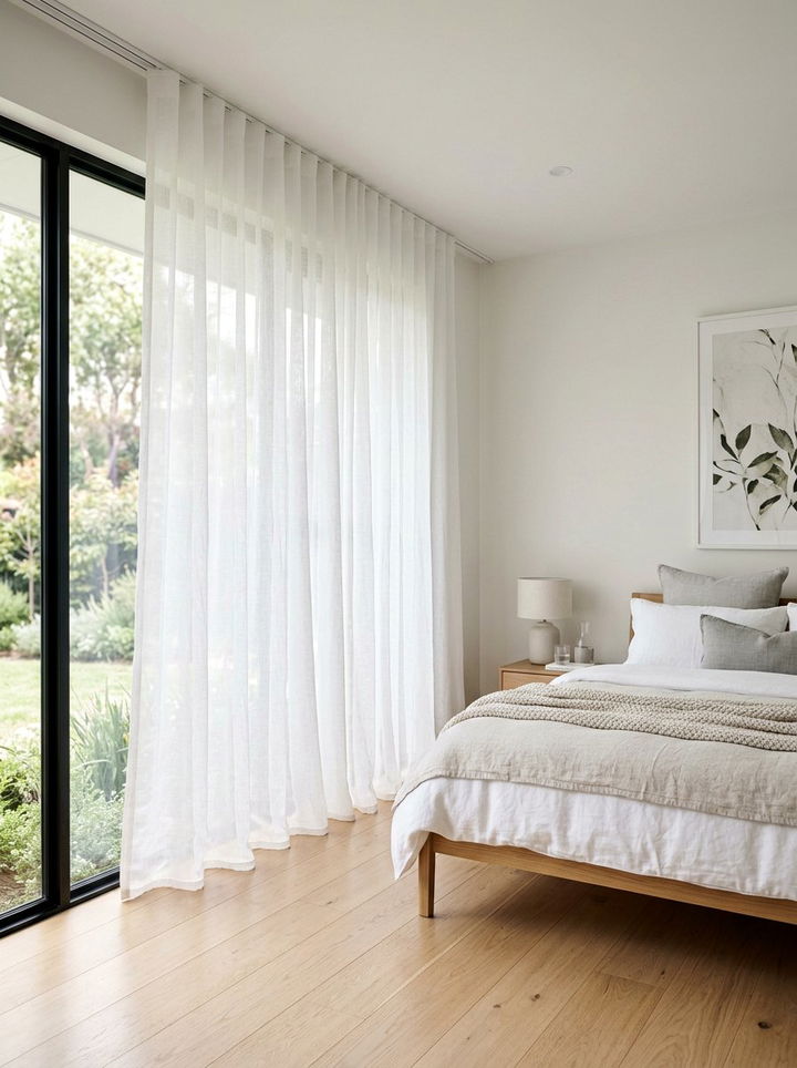 Sheer White Curtain - 30 warm minimalist bedroom ideas
