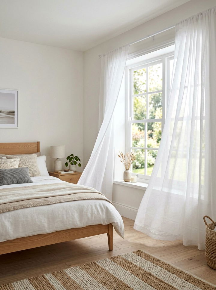 Sheer White Curtains - 30 Scandinavian minimalist bedroom ideas