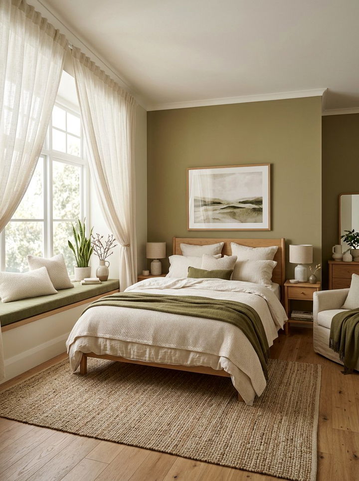 Sheer cream window treatments - 30 olive and cream bedroom ideas