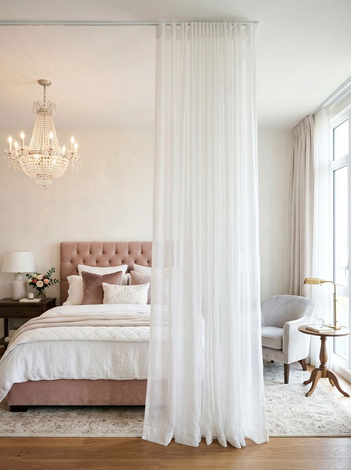 Sheer curtain divider - 30 bedroom divider ideas