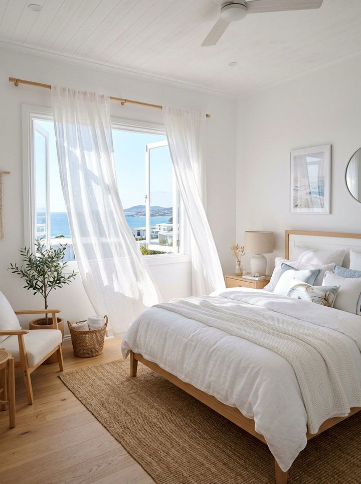 Sheer white curtains - 30 coastal white bedroom ideas