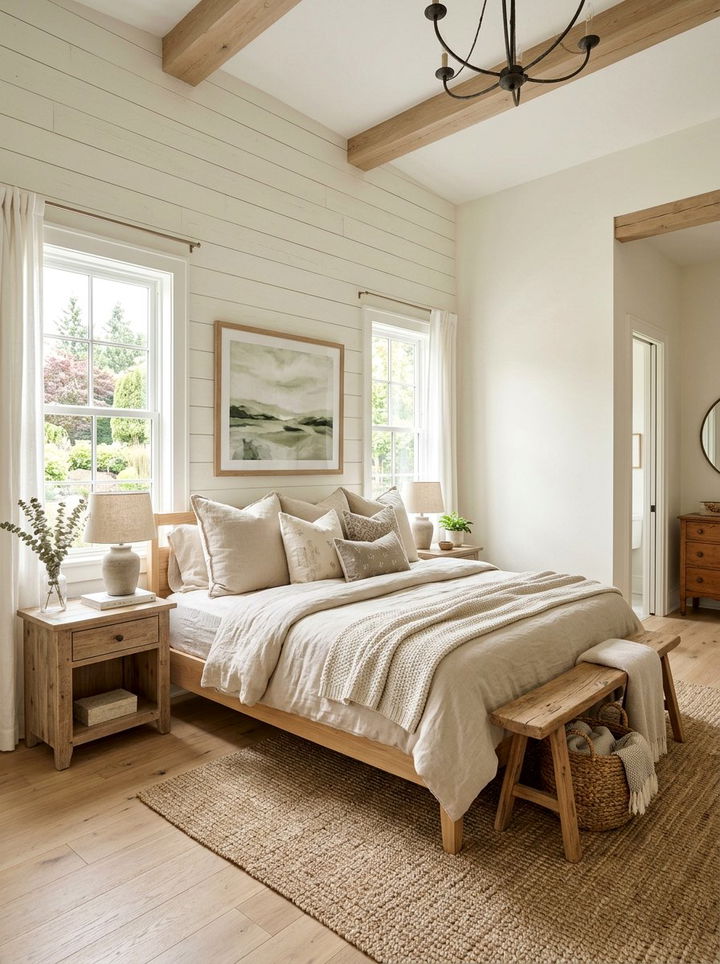 Shiplap Wall Detail - 30 farmhouse beige bedroom ideas
