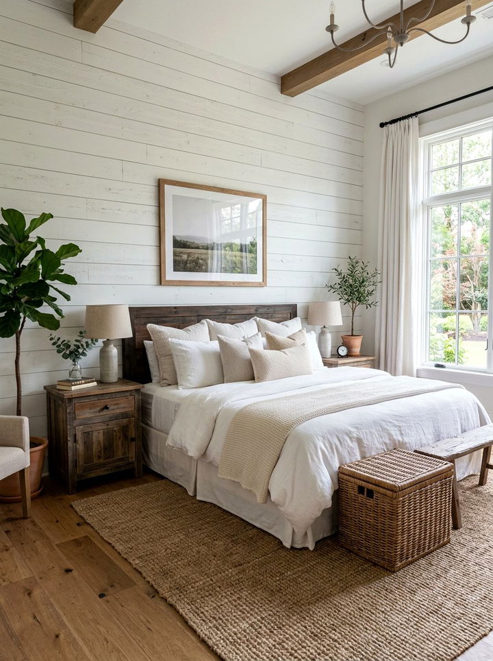 Shiplap accent wall - 30 rustic white bedroom ideas