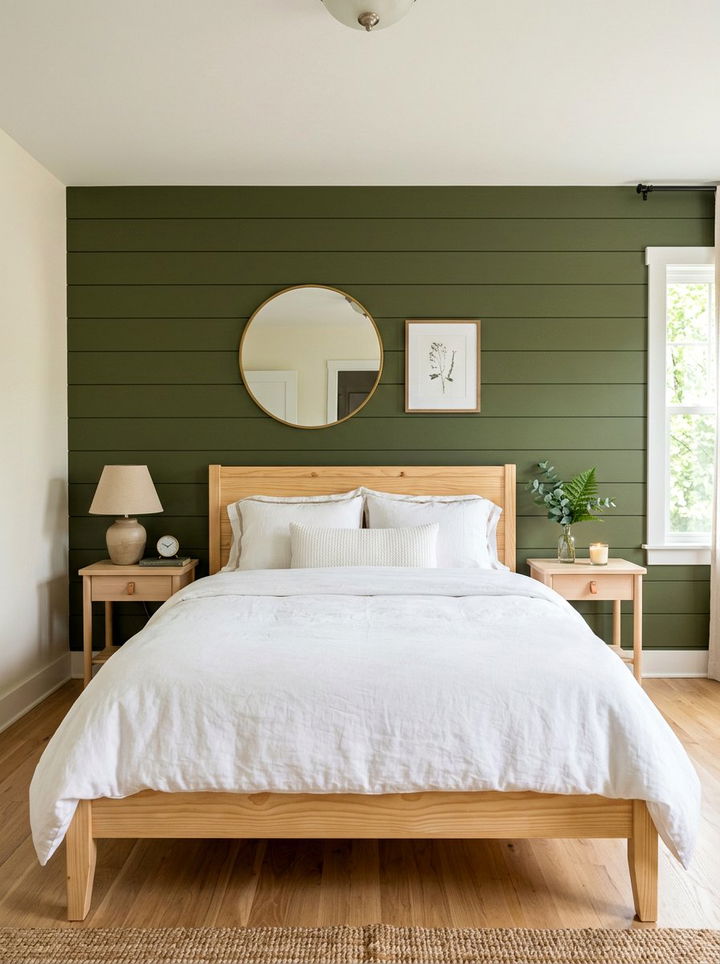 Shiplap green bedroom wall - 30 farmhouse green bedroom ideas