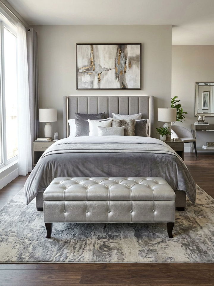 Silver Faux Leather Ottoman - 30 silver accent bedroom ideas