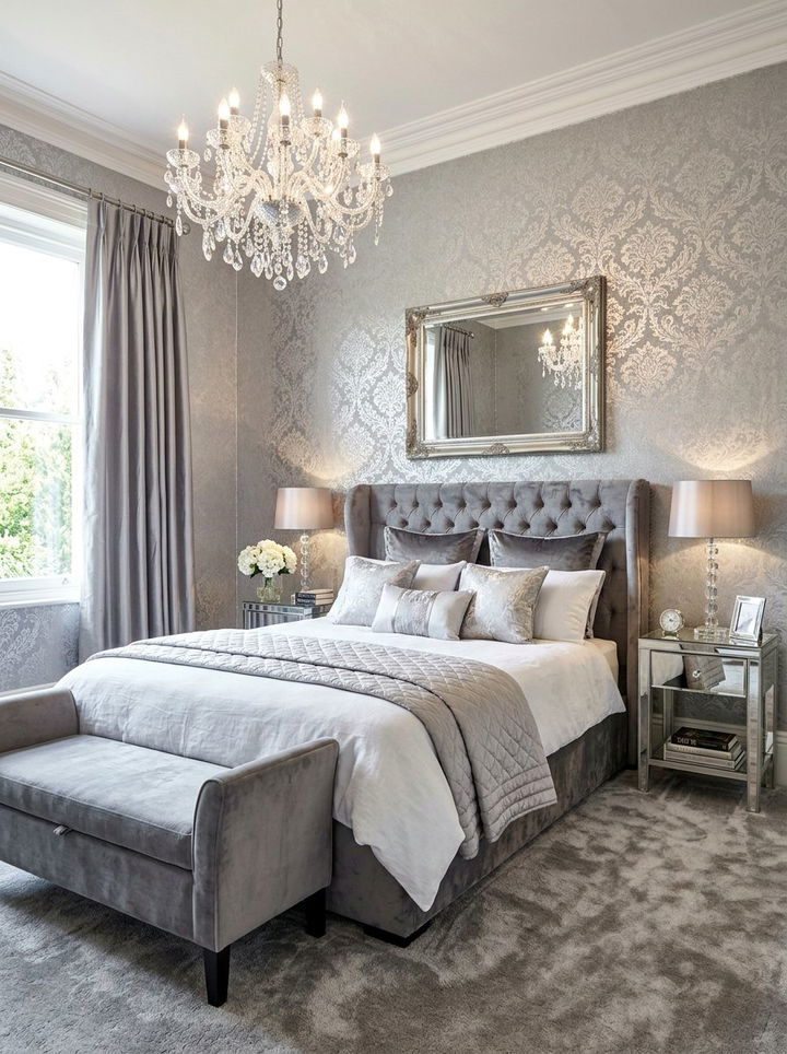 Silver damask wallpaper - 30 bedroom damask wallpapers