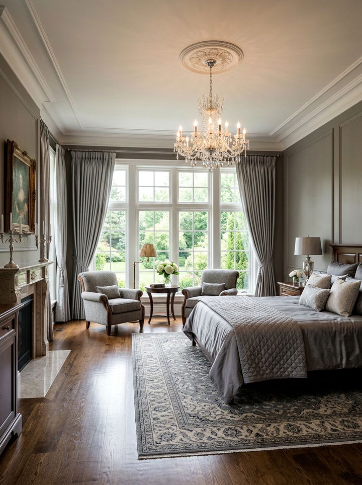 Silver grey silk curtains - 30 traditional grey bedroom ideas