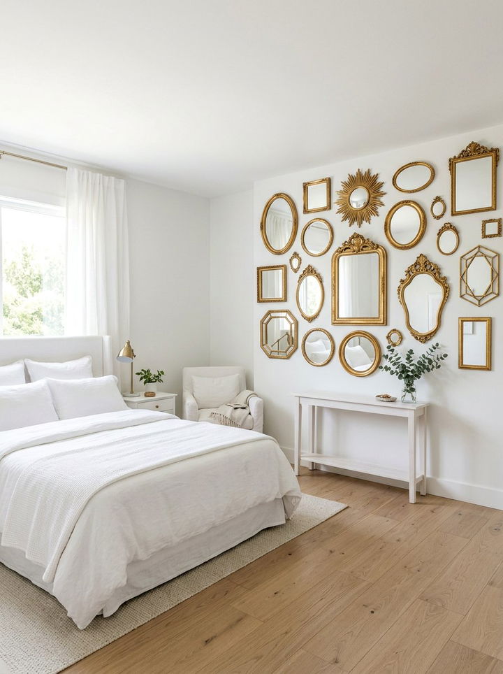 Simple white bedroom with gold mirrors - 30 gold and white bedroom ideas