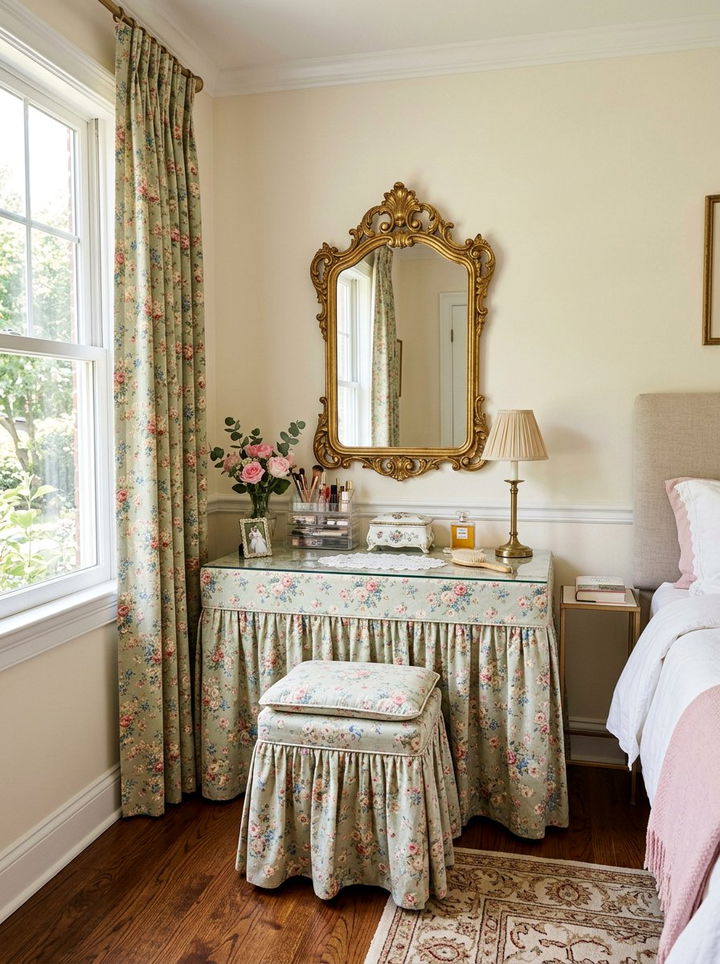 Skirted vanity table - 30 grandmillennial bedroom ideas