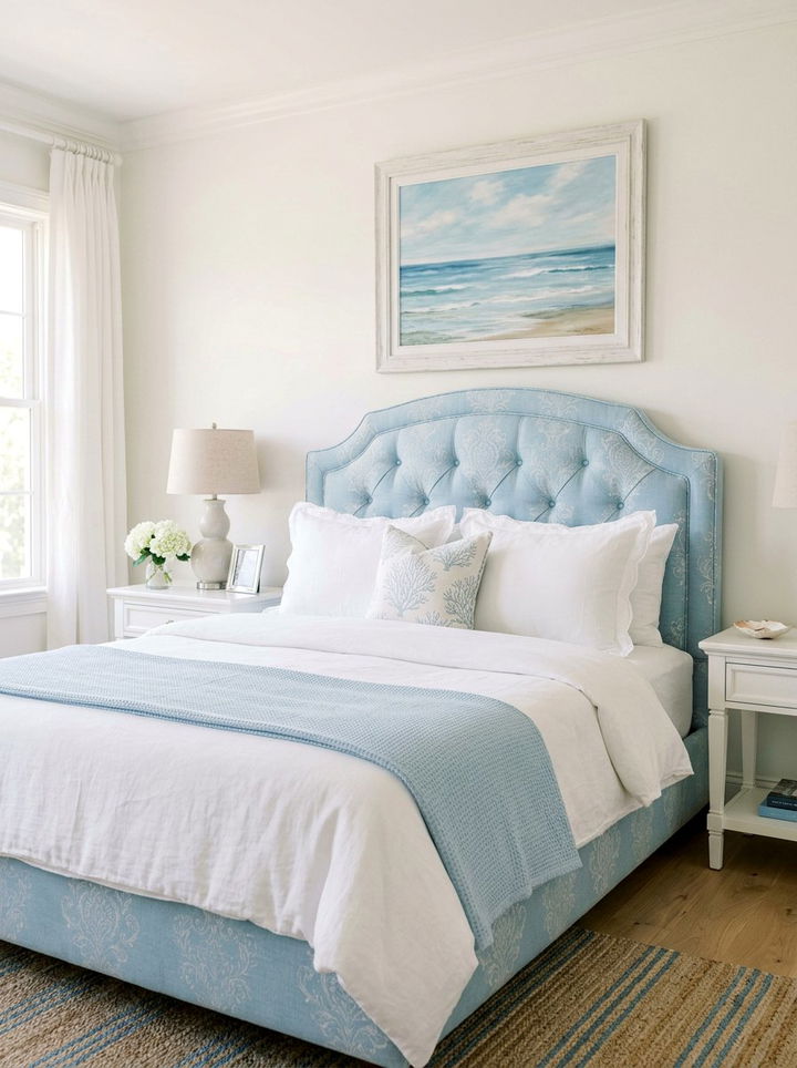Sky Blue Patterned Upholstered Headboard - 30 bedroom upholstered headboards