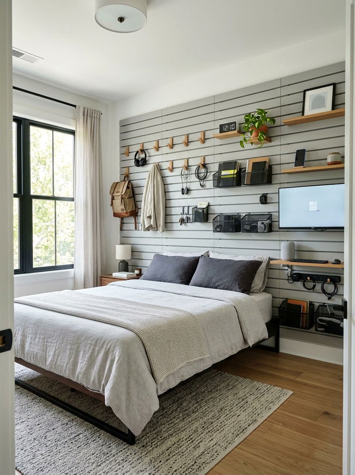 Slat Wall System - 30 bedroom vertical storage ideas