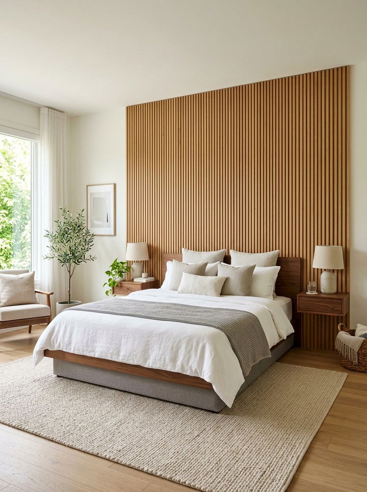 Slat Wood Wall Headboard - 30 bedroom floating headboard ideas