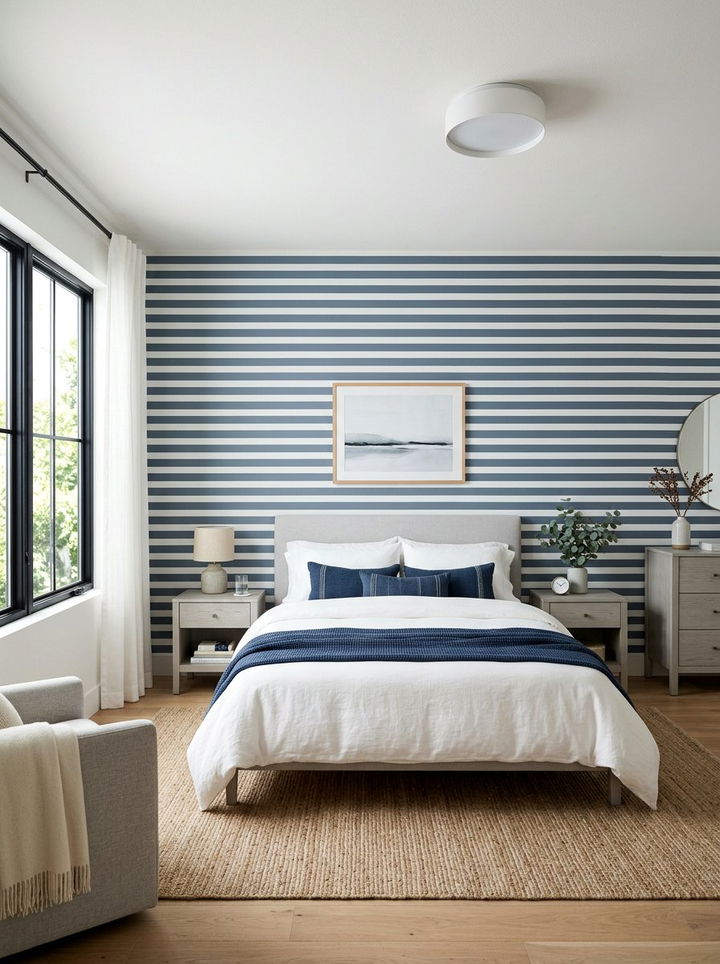 Slate blue horizontal stripe - 30 bedroom striped wallpapers