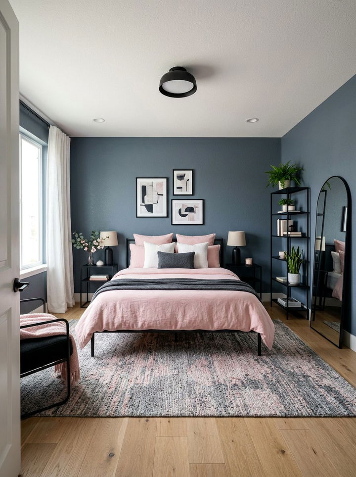 Slate grey blue and blossom pink bedroom - 30 pink and blue bedroom color combo