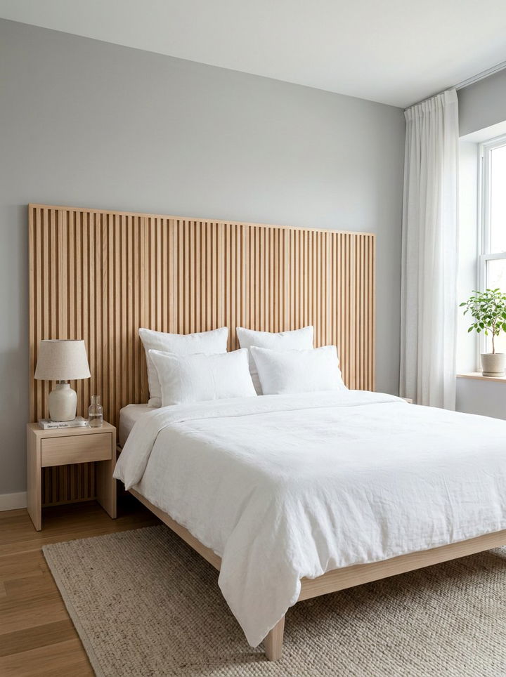Slatted Wood Headboard - 30 Scandinavian minimalist bedroom ideas