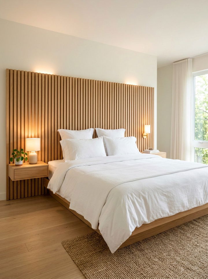 Slatted Wood Headboard - 30 warm minimalist bedroom ideas