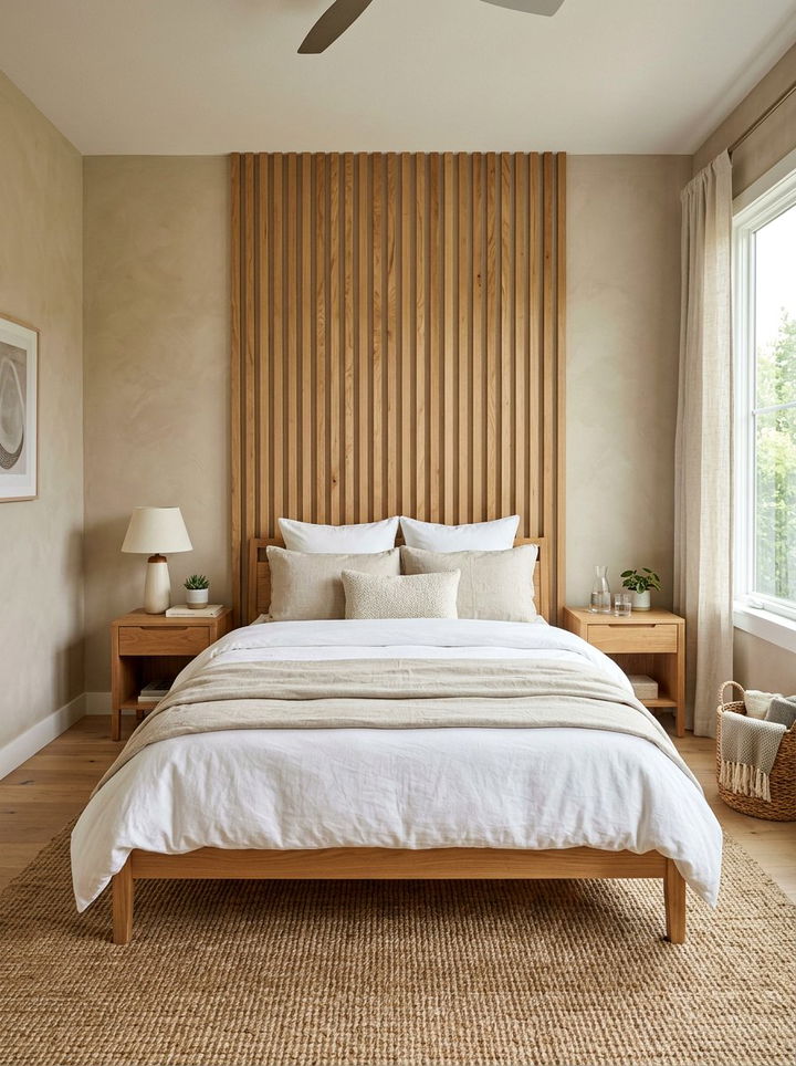 Slatted Wood Headboard Bedroom - 30 scandinavian beige bedroom ideas