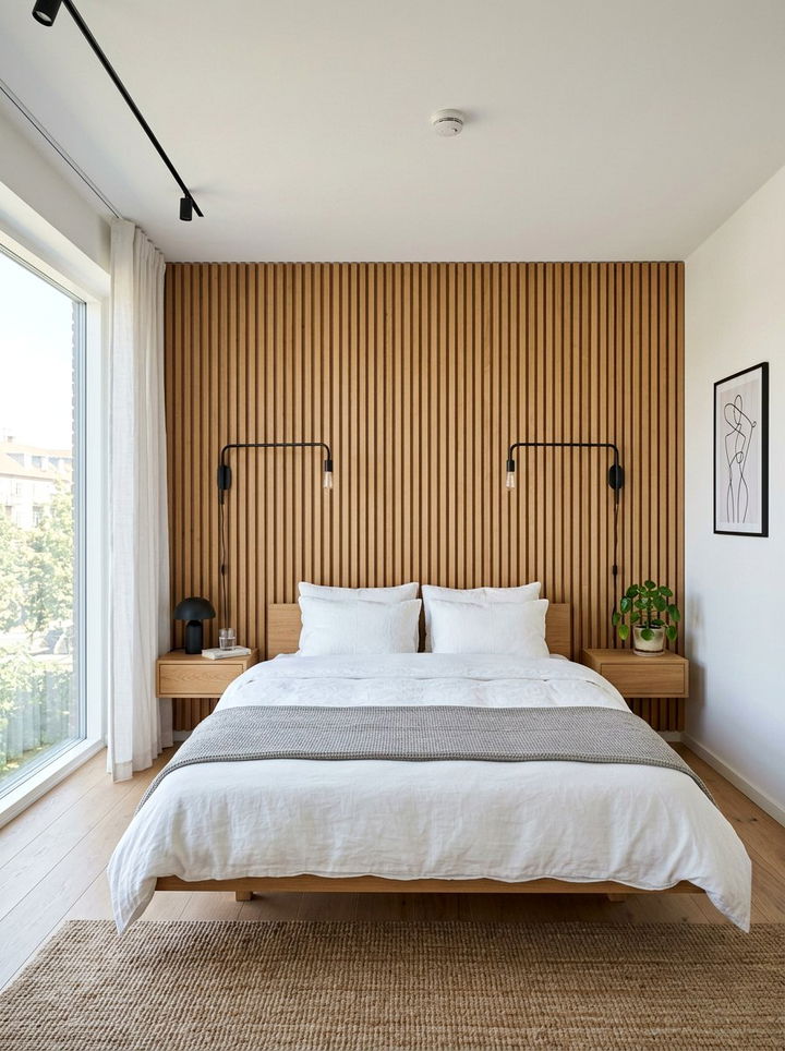 Slatted Wood Wall - 30 scandinavian bedroom ideas