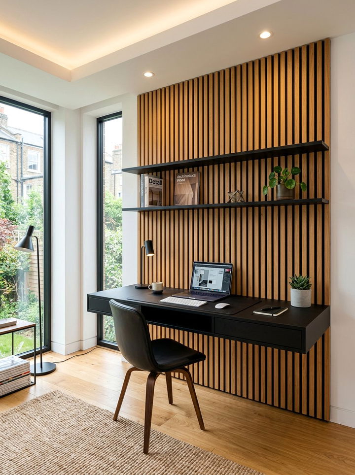 Slatted Wood Wall Desk - 30 bedroom office combo ideas
