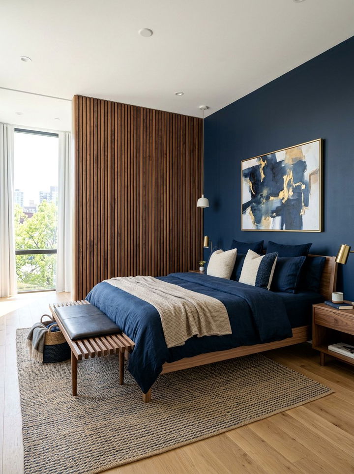 Slatted Wood Wall Navy Bedroom - 30 scandinavian navy bedroom ideas