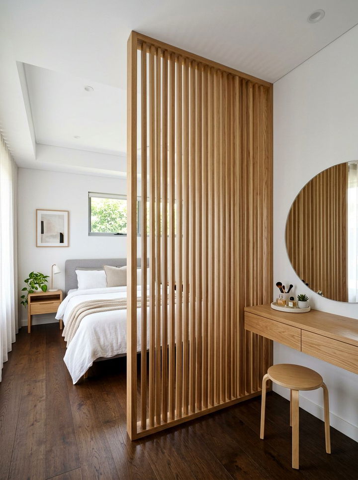 Slatted wood room divider - 30 open plan bedroom ideas