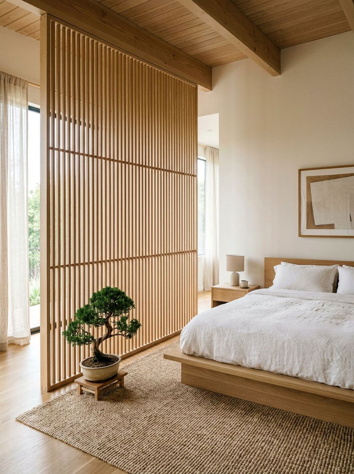 Slatted wood screen - 30 bedroom divider ideas