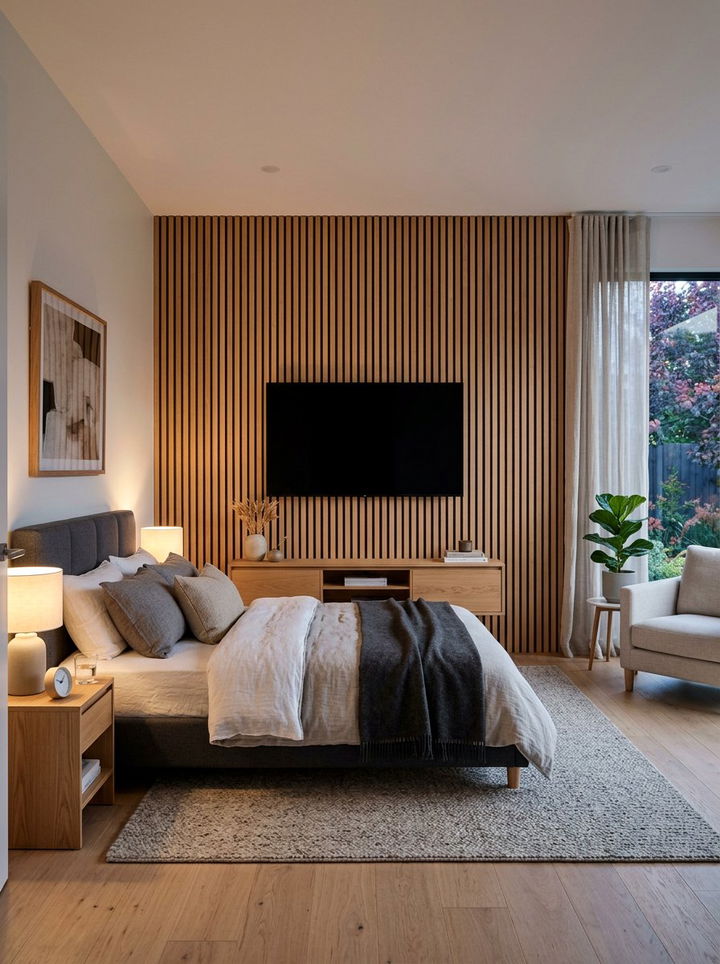 Slatted wood tv accent wall - 30 bedroom tv ideas