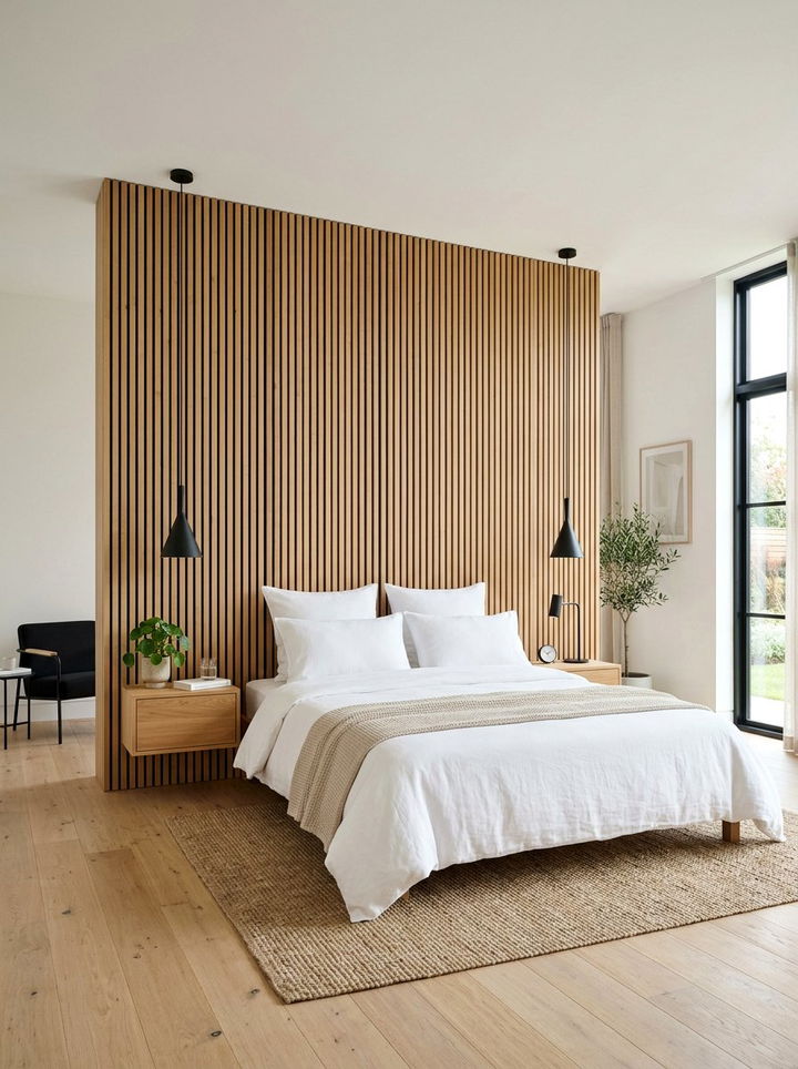 Slatted wood wall panel - 30 Finnish bedroom ideas