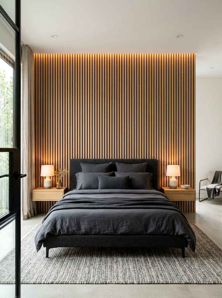 Slatted wood wall - 30 calming bedroom ideas