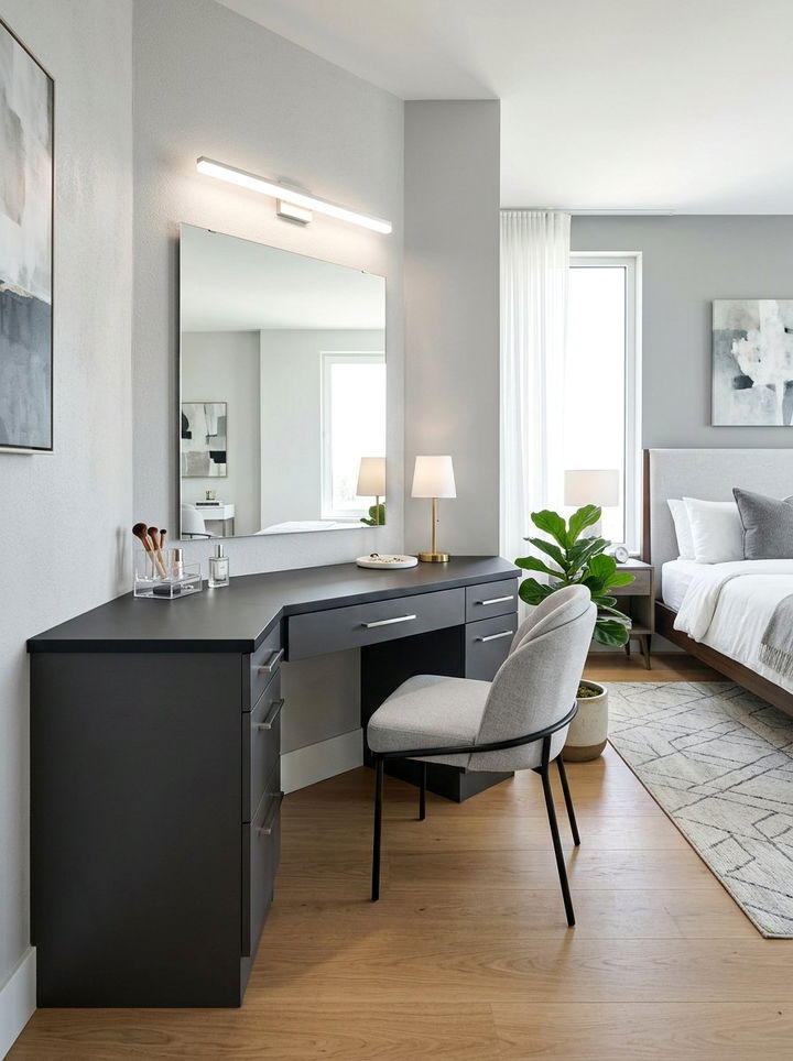 Sleek Gray Corner Vanity - 30 bedroom corner vanity ideas
