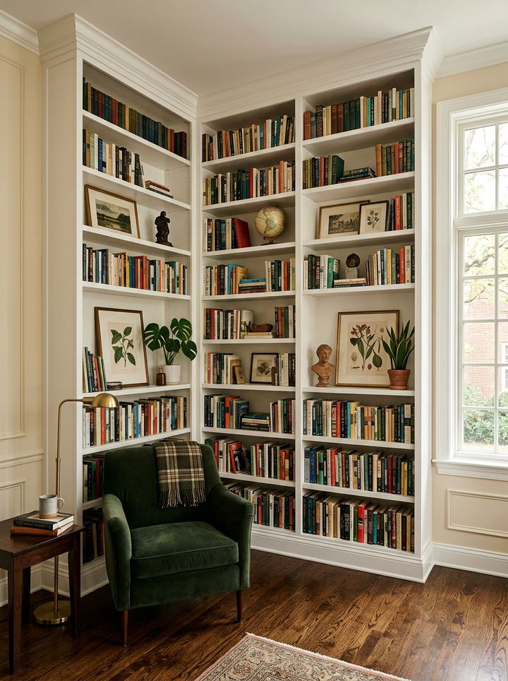Sleek White Bookcase - 30 bedroom white furniture ideas